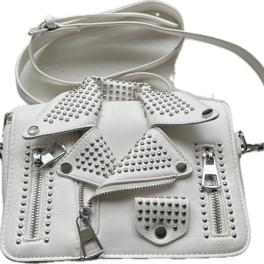White Studded Crossbody Bag with Geometric Design